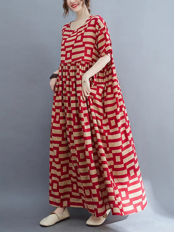 Loose Short Sleeves Plaid Round-neck Midi Dresses