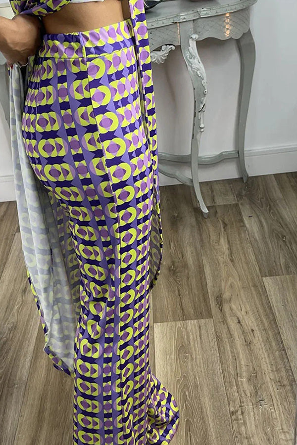 Retro Print Split Top Two-piece Set