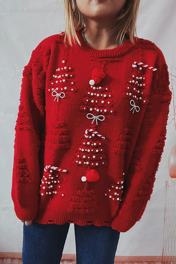 Handmade Pearl Christmas Theme Sweater Three-dimensional Decorative Sweater