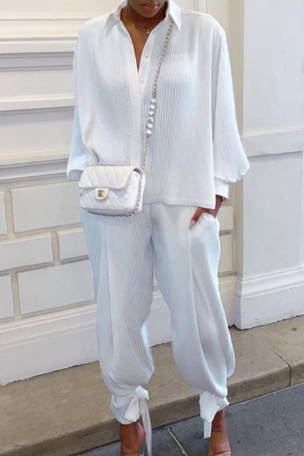 Shirt Collar Stripe Side Pocket Top Pant Set