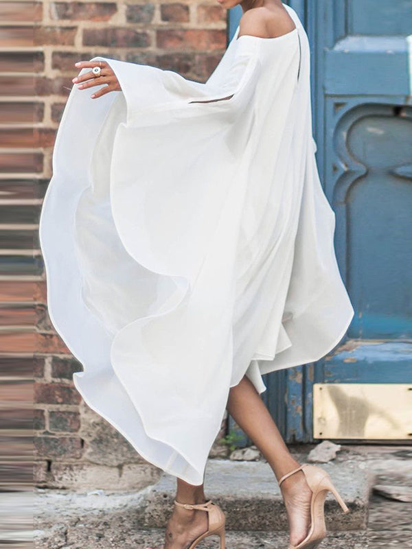 Batwing Sleeves Asymmetric Color Cold Shoulder Midi Dresses