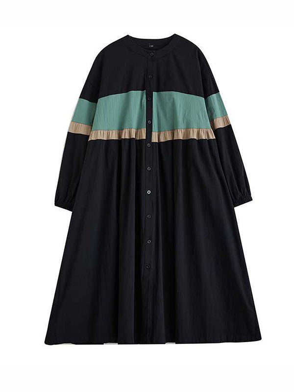 Long Sleeves Loose Buttoned Contrast Color Elasticity Split-joint Round-neck Midi Dresses