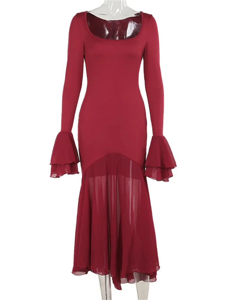 Ruffled Square Collar Maxi Dress for Bandage Slim See-through High Waist Party Dress Gown ’s Long Dress