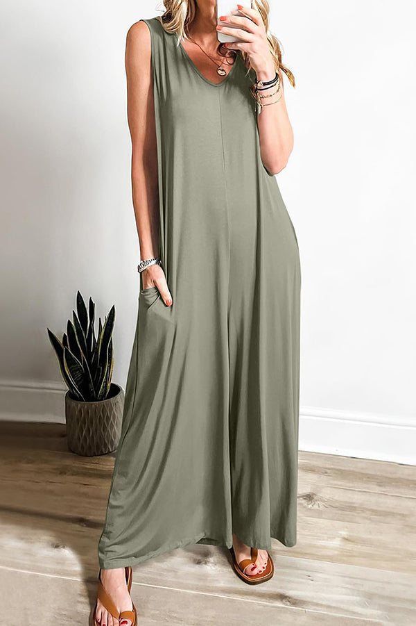 Color V-neck Sleeveless Loose Pocket Wide-leg Jumpsuit