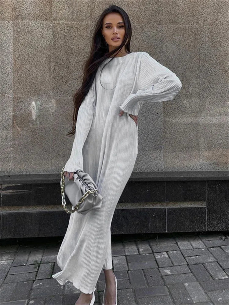 Loose Female Long Dress Long Sleeve Basic High White Summer for Maxi Dress Outfits