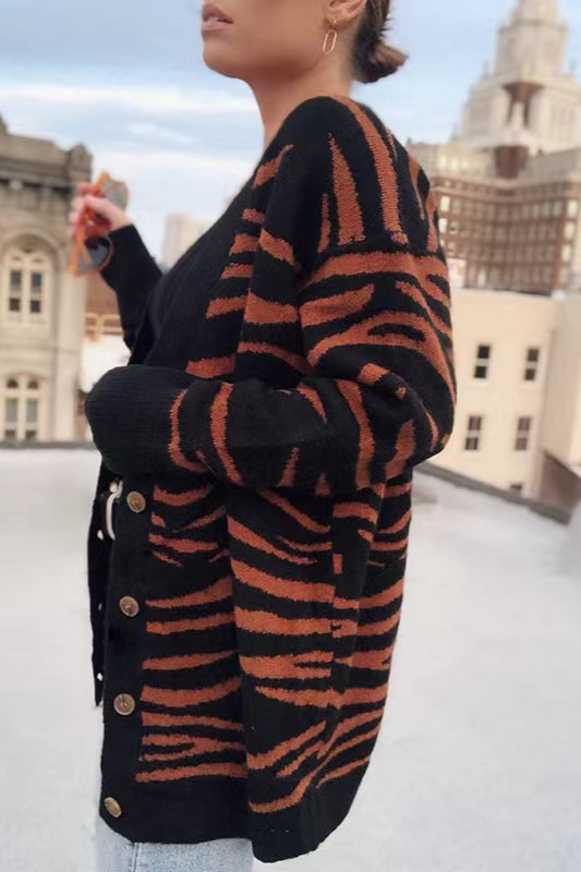Buttoned Zebra Knit Cardigan