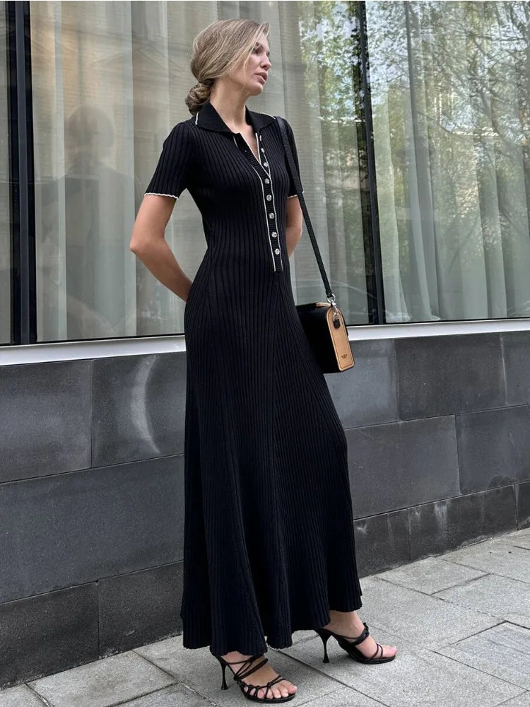 Deep V Neck Maxi Dresses for Autumn Slim Short Sleeve Vestido De Mujer Knitted Bodycon Dress Woman