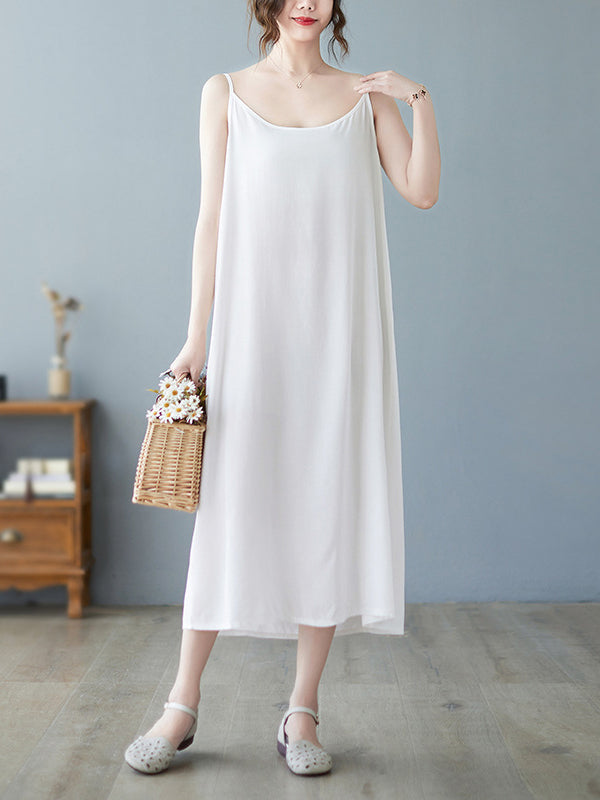 Loose Sleeveless Color Spaghetti-neck Midi Dresses