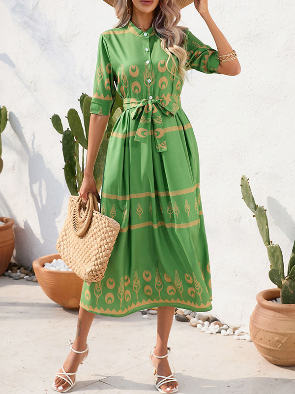 A-line Half Sleeves Buttoned Tied Waist Lapel Midi Dresses