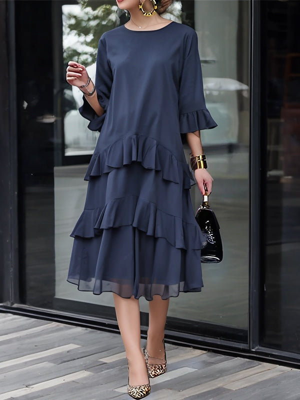 Half Sleeves Loose Layered Ruffle Trim Color Zipper Round-neck Midi Dresses