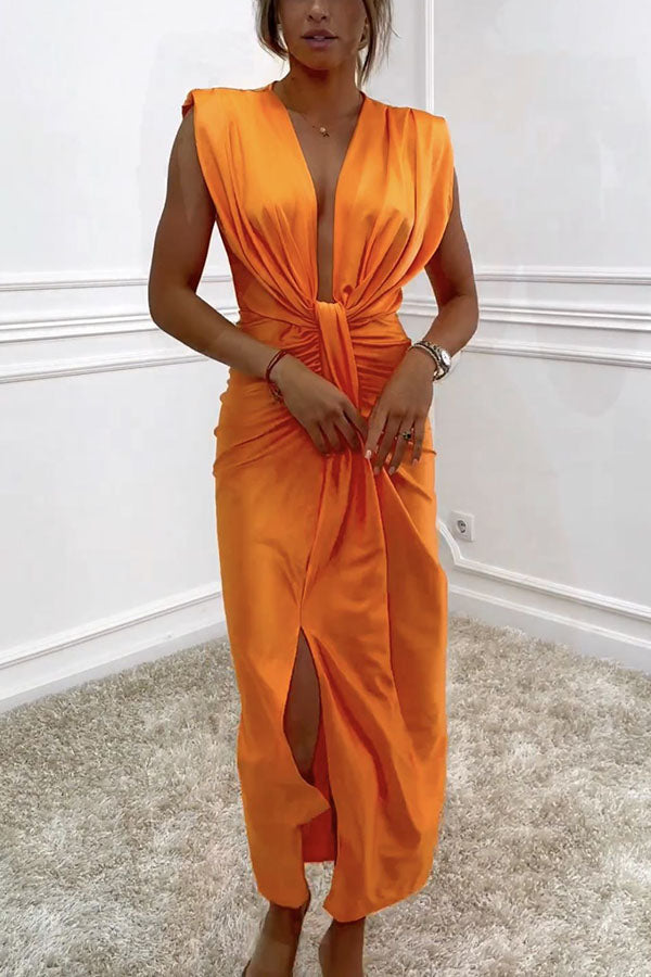 Classic and Dates V-neck Ruched Drape Slit Midi Dress