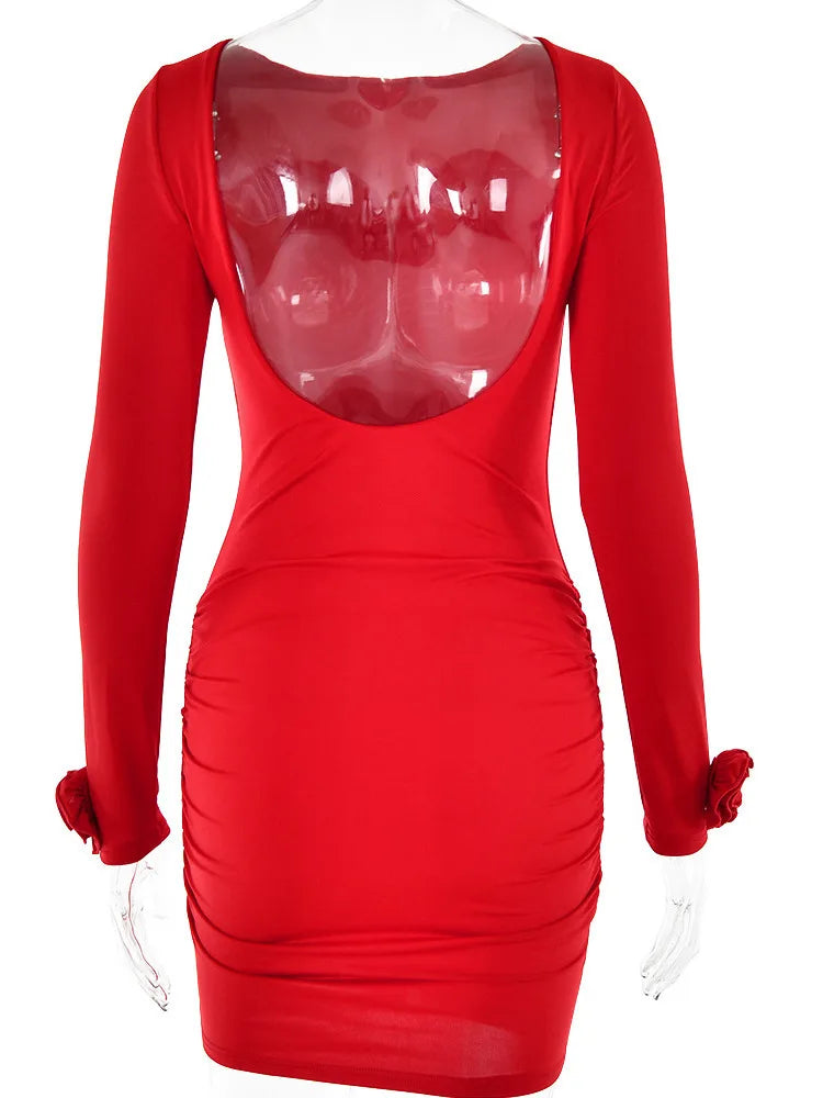 Autumn Long Sleeve Tight Dress for Backless Bodycon Mini Dress Fold Female Party Club Evening Dress