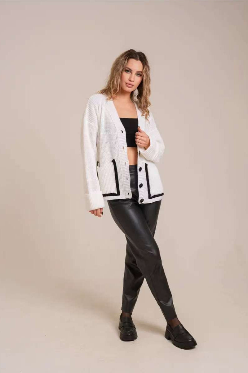 Colorblock Pocket V-neck Knit Cardigan
