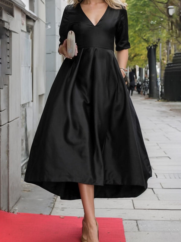 A-line Long Sleeves Pleated Pockets Color Zipper V-neck Midi Dresses