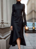 Long Sleeves Skinny Color High Neck Midi Dresses