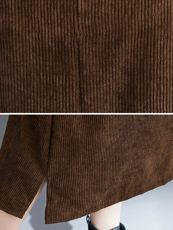 Corduroy Sleeveless Split-joint Round-neck Midi Dress