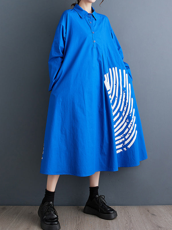 A-line Long Sleeves Asymmetric Buttoned Pleated Printed Split-joint Lapel Midi Dresses Shirt Dress