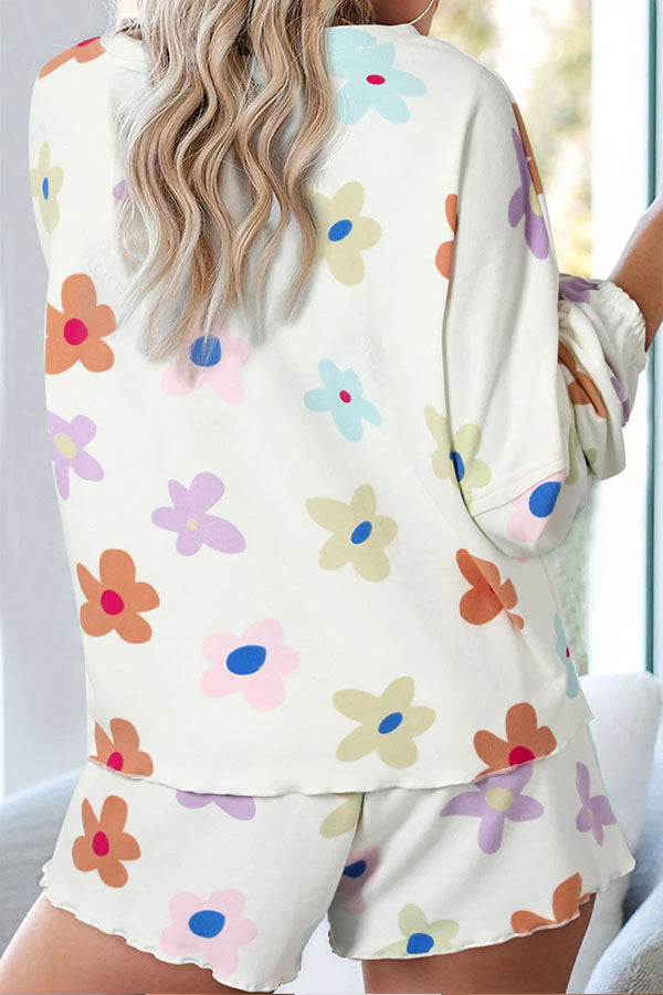 White Print Henley Top & Drawstring Shorts Loungewear Set