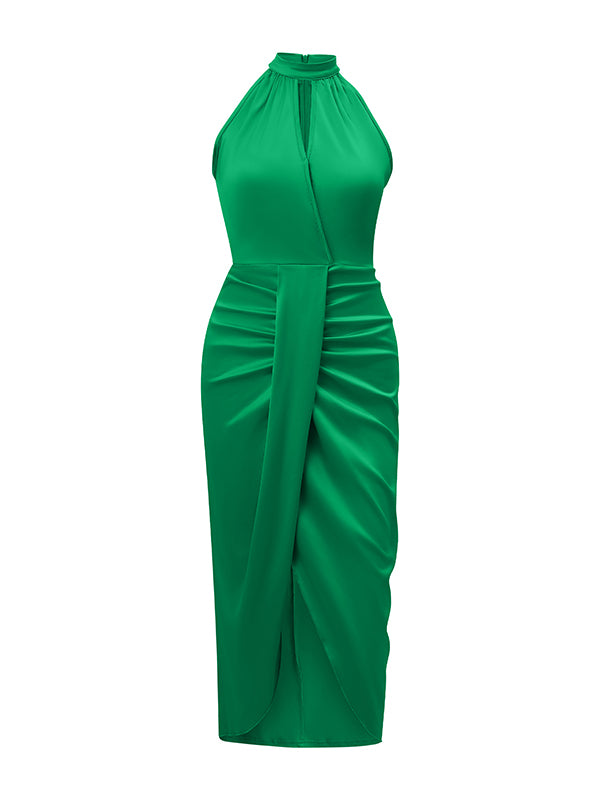 Loose Sleeveless Hollow Pleated Color Split-joint Stand Collar Midi Dresses