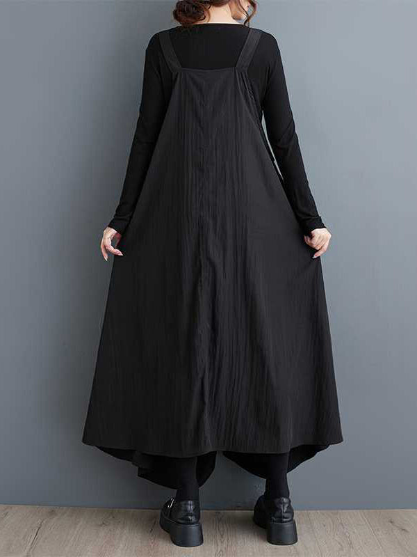 Design Black Square Neck Ruffle Pocket A-line Suspender Midi Dress Ws003