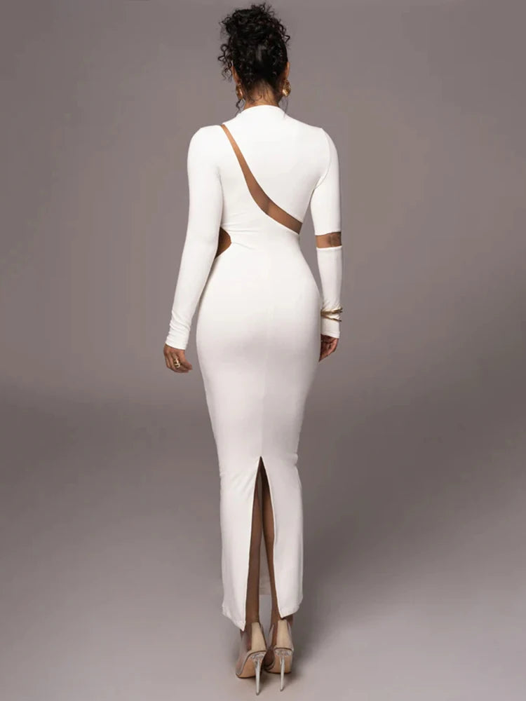 Turtleneck Long Sleeve Bodycon Maxi Dress for Autumn New Patchwork Hollow Out Club Party Long Dress Vestidos