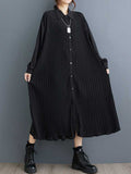 A-line Long Sleeves Buttoned Pleated Pockets Split-joint Lapel Midi Dresses Shirt Dress