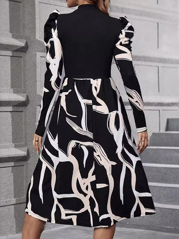 Long Sleeves Printed Split-joint Stand Collar Midi Dresses