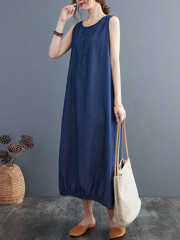 A-line Loose Buttoned Pleated Color Round-neck Midi Dresses