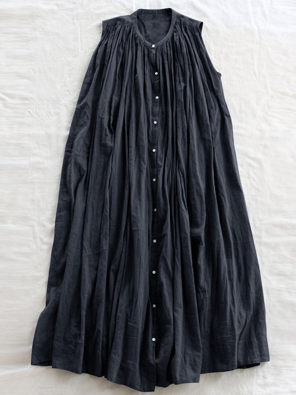 Loose Sleeveless Pleated See-through Round-neck Midi Dresses