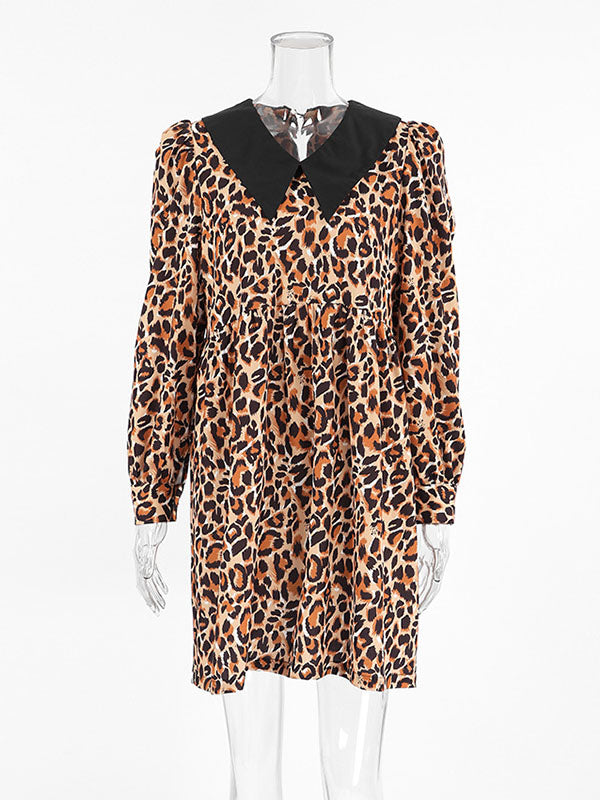 Loose Puff Sleeves Leopard Pleated Printed Split-joint Peter Pan Collar Mini Dresses Shirt Dress
