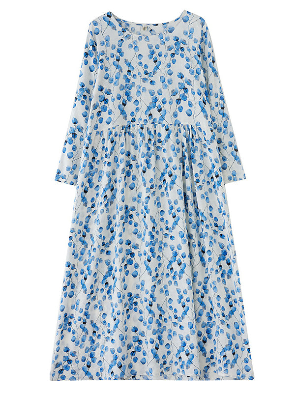 Long Sleeves Loose Flower Print Split-joint Round-neck Midi Dresses