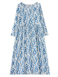 Long Sleeves Loose Flower Print Split-joint Round-neck Midi Dresses