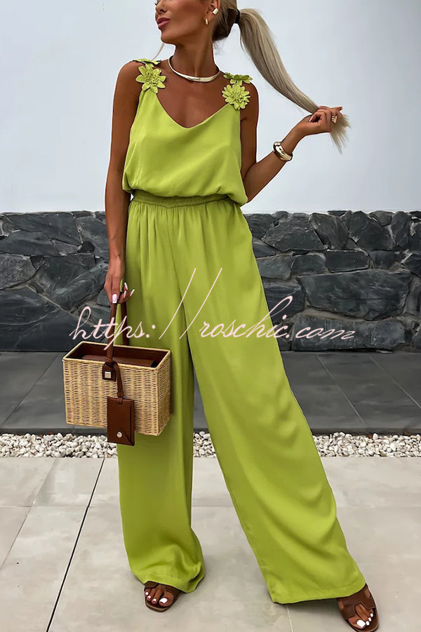 Color Embroidered Flower Suspenders Loose Jumpsuit