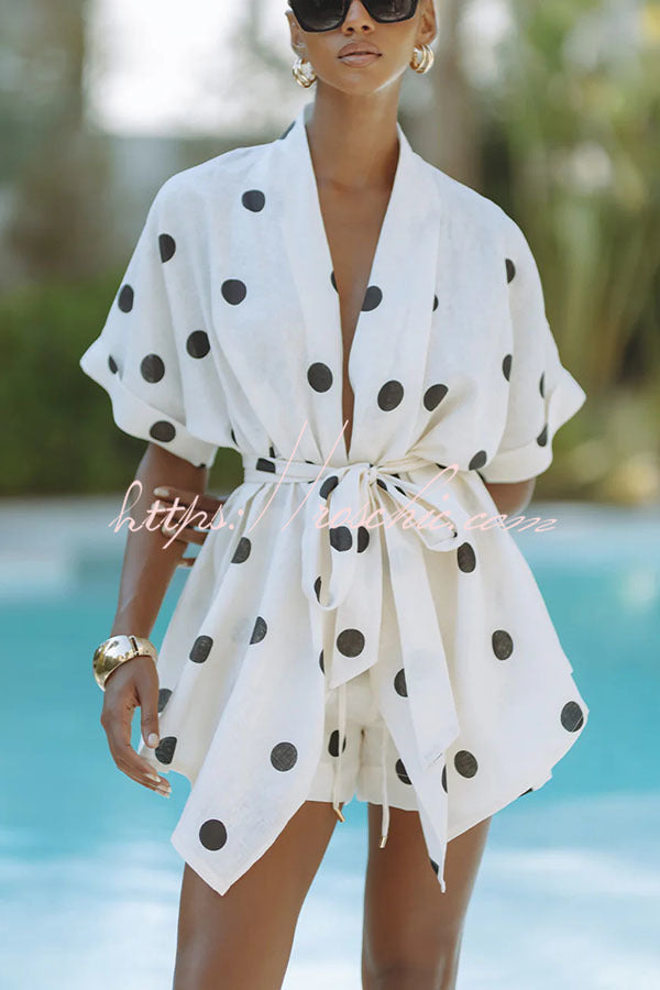 Playful Linen Blend Polka Dot Tie-up Kimono Top and Elastic Waist Pocket Shorts Set