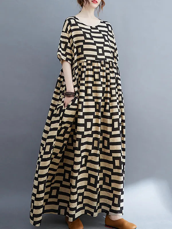 Loose Short Sleeves Plaid Round-neck Midi Dresses