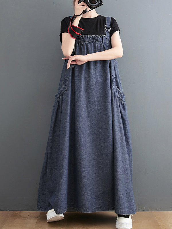Loose Artistic Retro Color Strap Denim Midi Dress
