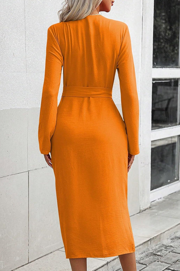 Color Lapel Waist Lace-up Slit Midi Dress