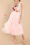 Midnight Garden Embroidered Applique One Shoulder Tiered Tulle Midi Dress