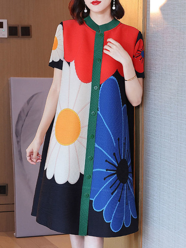 A-line Loose Buttoned Flower Print Pleated Round-neck Midi Dresses