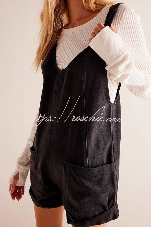 Stylish Loose Sleeveless Pocket Straps Adjustable Denim Rompers