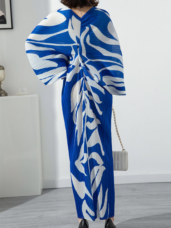 Original Batwing Sleeves Long Sleeves Contrast Color Printed Pleated V-neck Midi Dresses