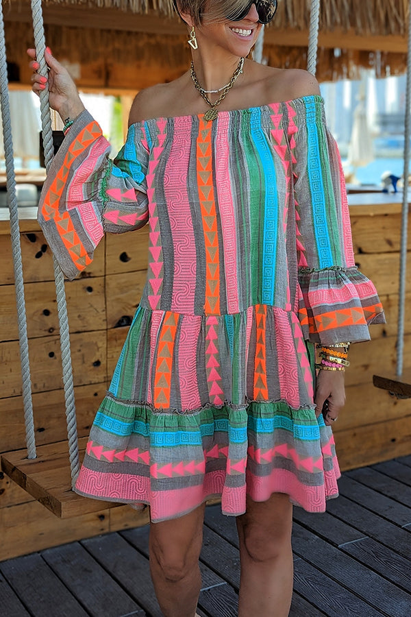 Friendly Shores Linen Blend Print Off Shoulder Loose Mini Dress