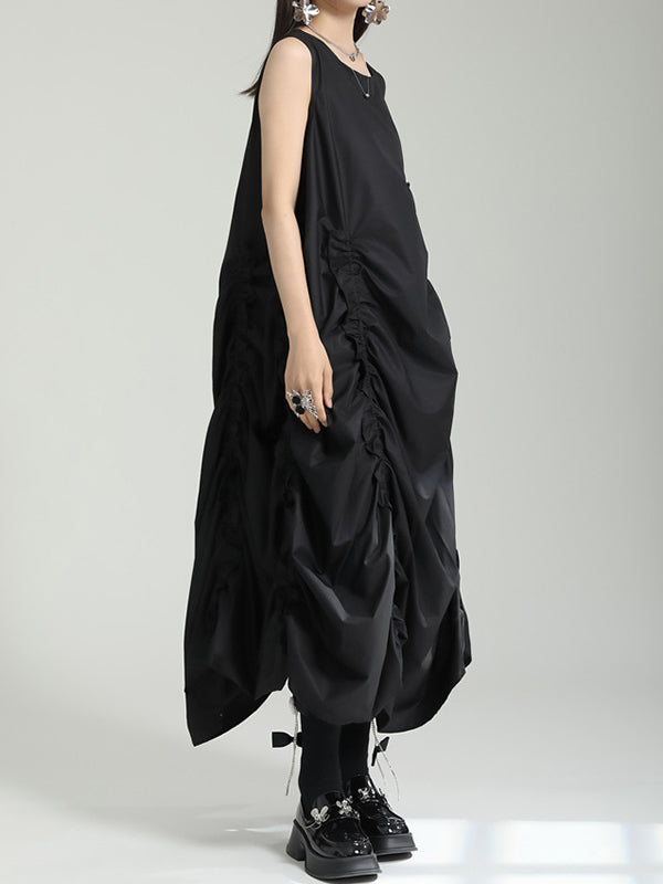 Irregular Clipping Loose Color Round-neck Midi Dresses