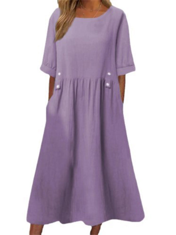 A-line Loose Buttoned Pleated Pockets Round-neck Midi Dresses