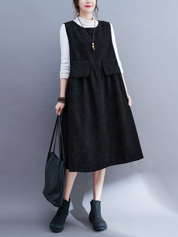 Artistic Retro Loose Sleeveless Color Round-neck Midi Dresses