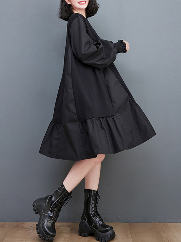 Loose Puff Sleeves Pleated Color Split-joint Round-neck Midi Dresses