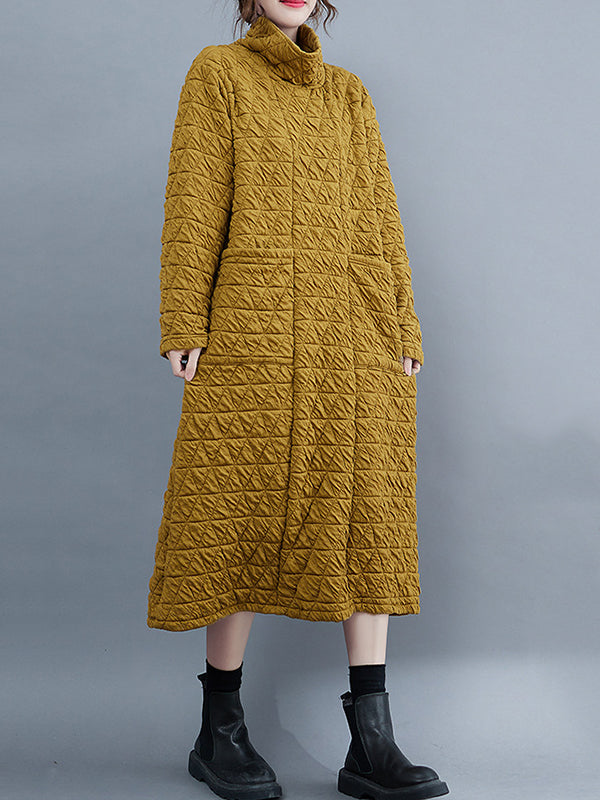 Long Sleeves Loose Color Textured High-neck Cotton Padded Midi Dresses