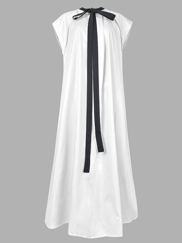A-line Loose Pleated Tied Round-neck Midi Dresses