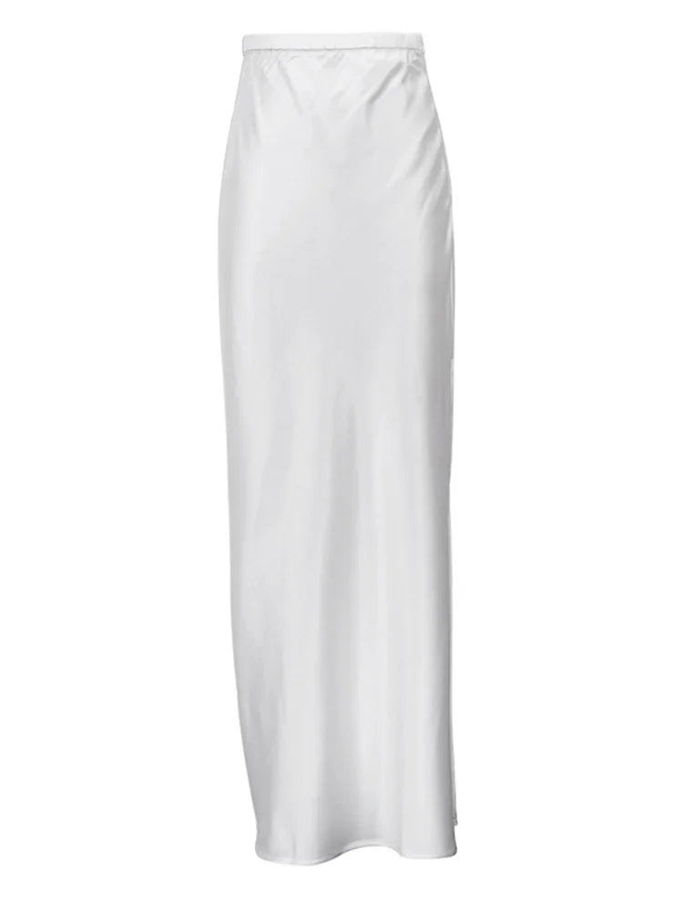 White Satin High Waist Long Skirt for Zipper Side Split Slim Party Maxi Skirt Y2k Outfit Female Long Skirt
