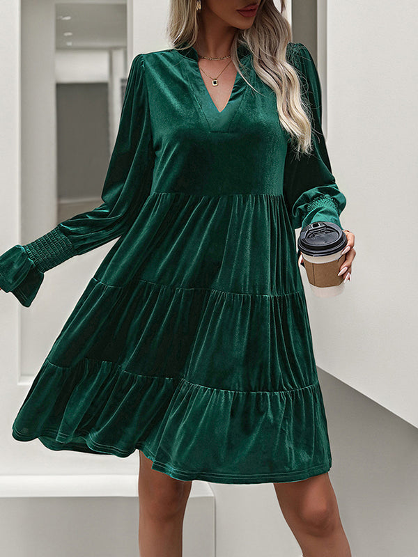 A-line Long Sleeves Pleated Color Velvet V-neck Mini Dresses